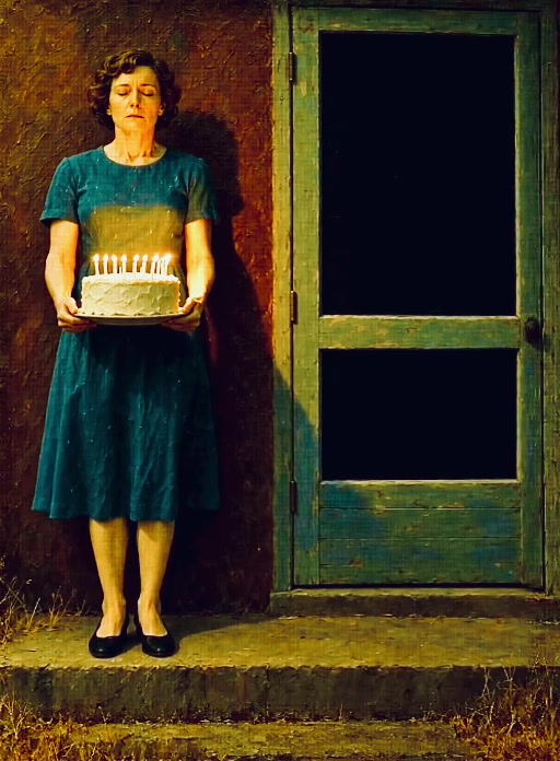 Mulher de olhos fechados segurando um bolo diante de uma porta escura, em uma pintura