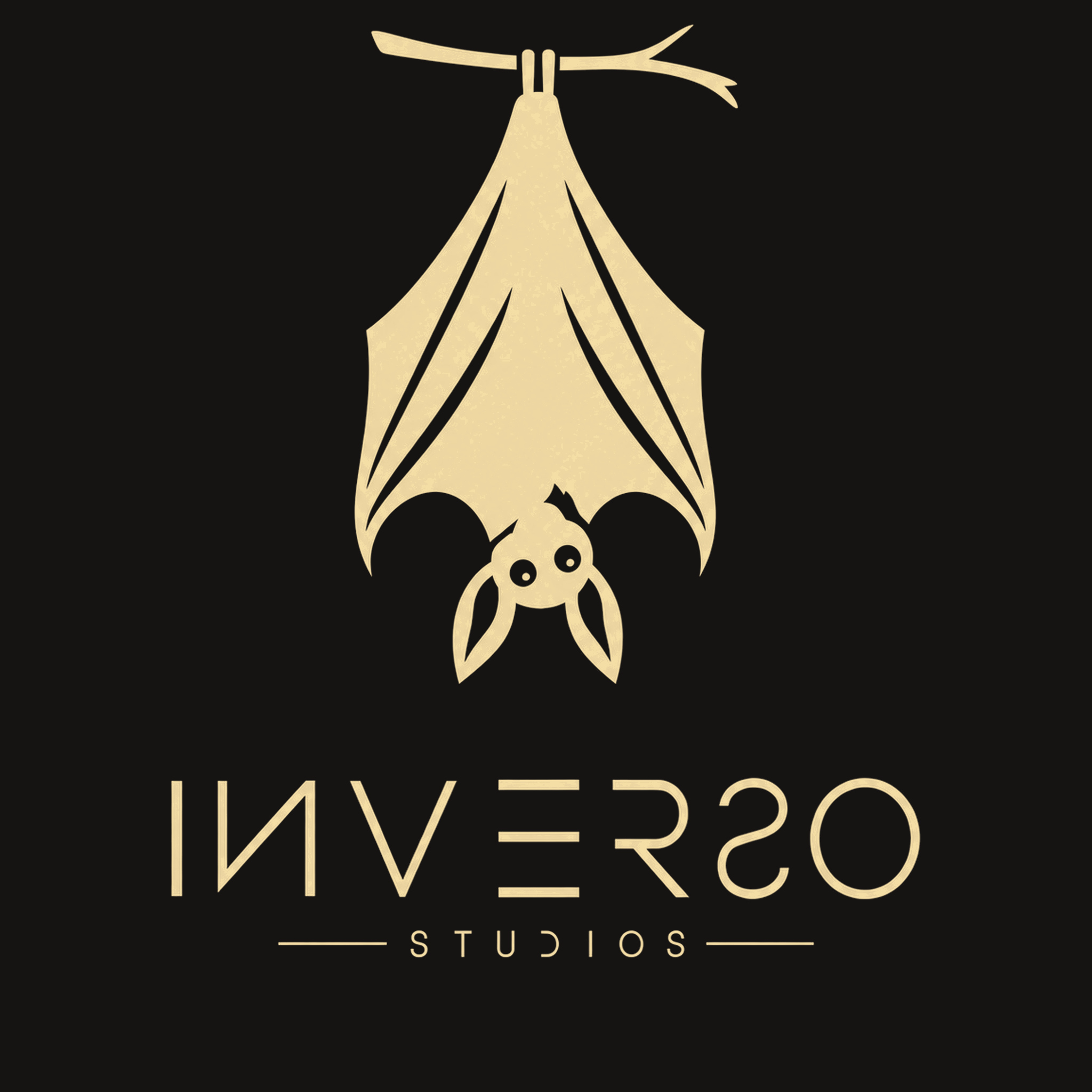 Inverso Studios: morcego invertido em creme sobre preto, com o lettering original